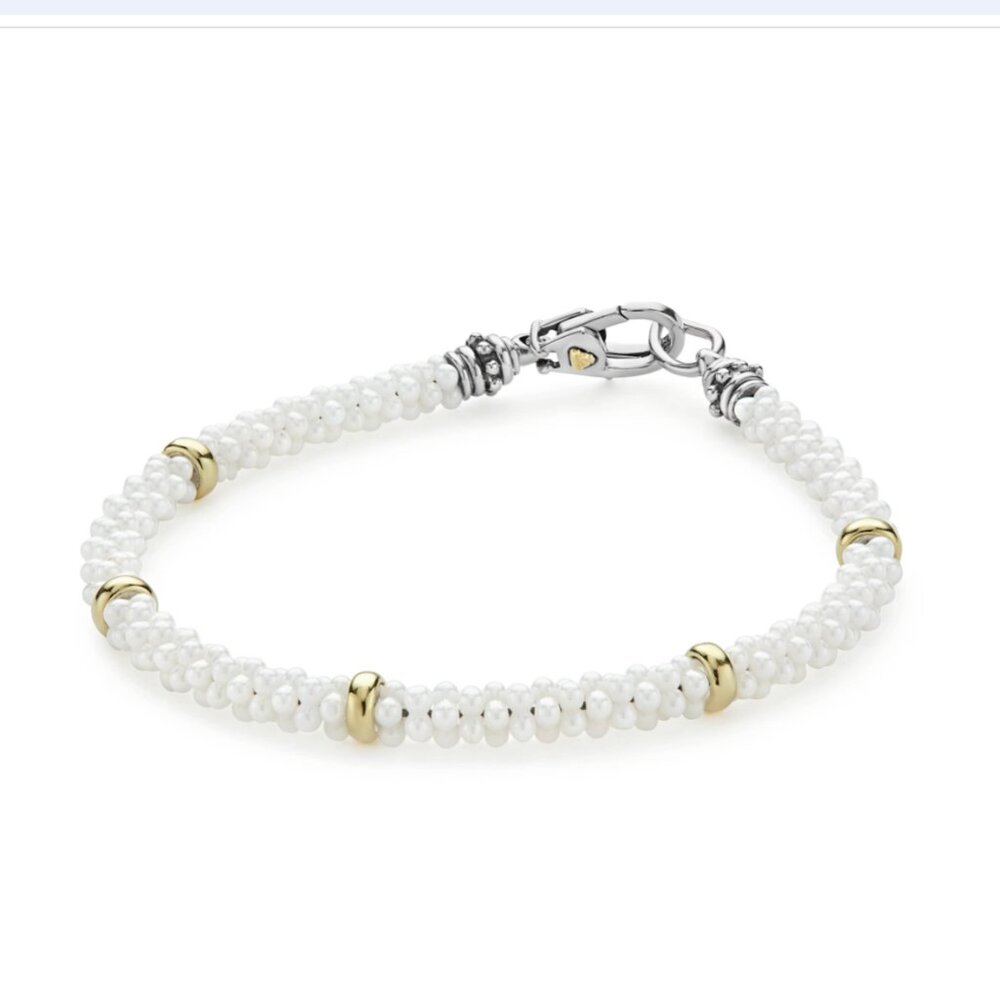 White Caviar Five Gold Station Ceramic Bracelet | 5mm from Lagos Size M(7) - Picture 2 of 11